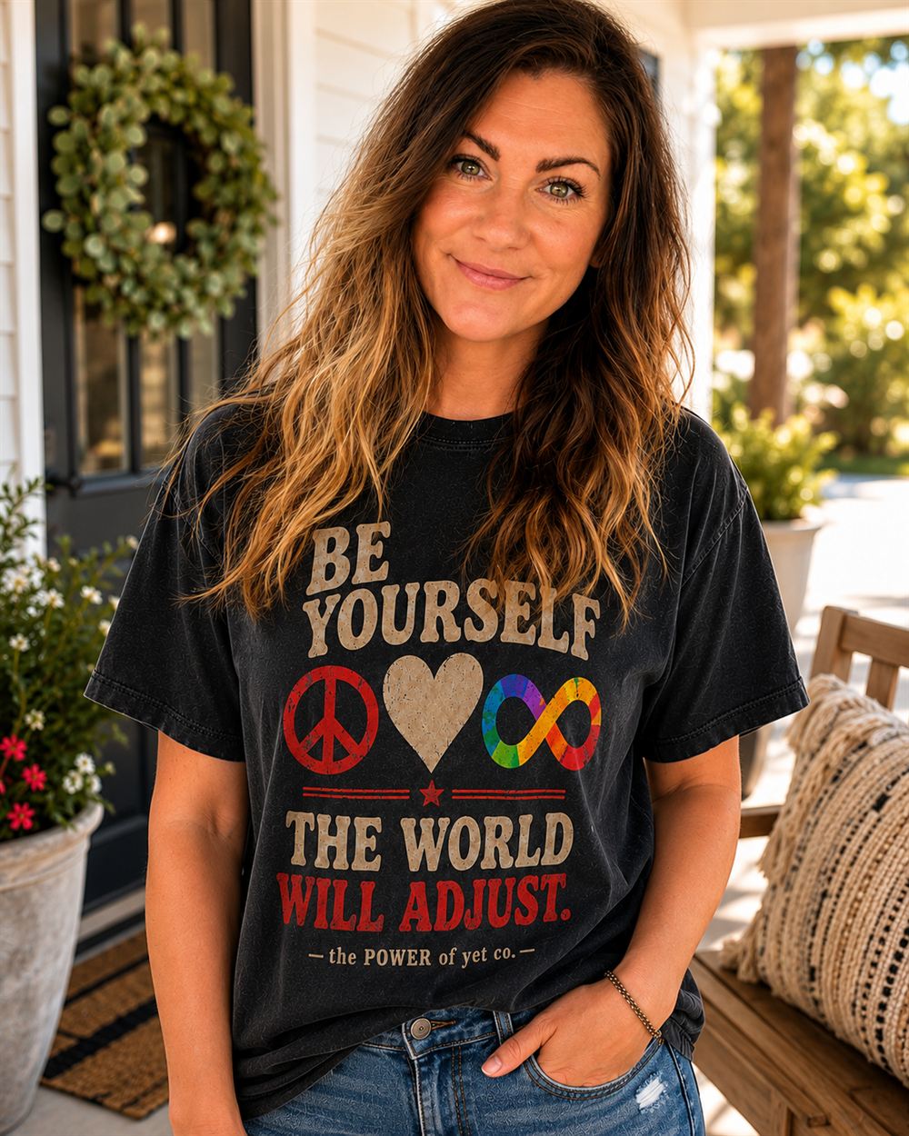 Wearing the Be Yourself tee — 'The World Will Adjust'